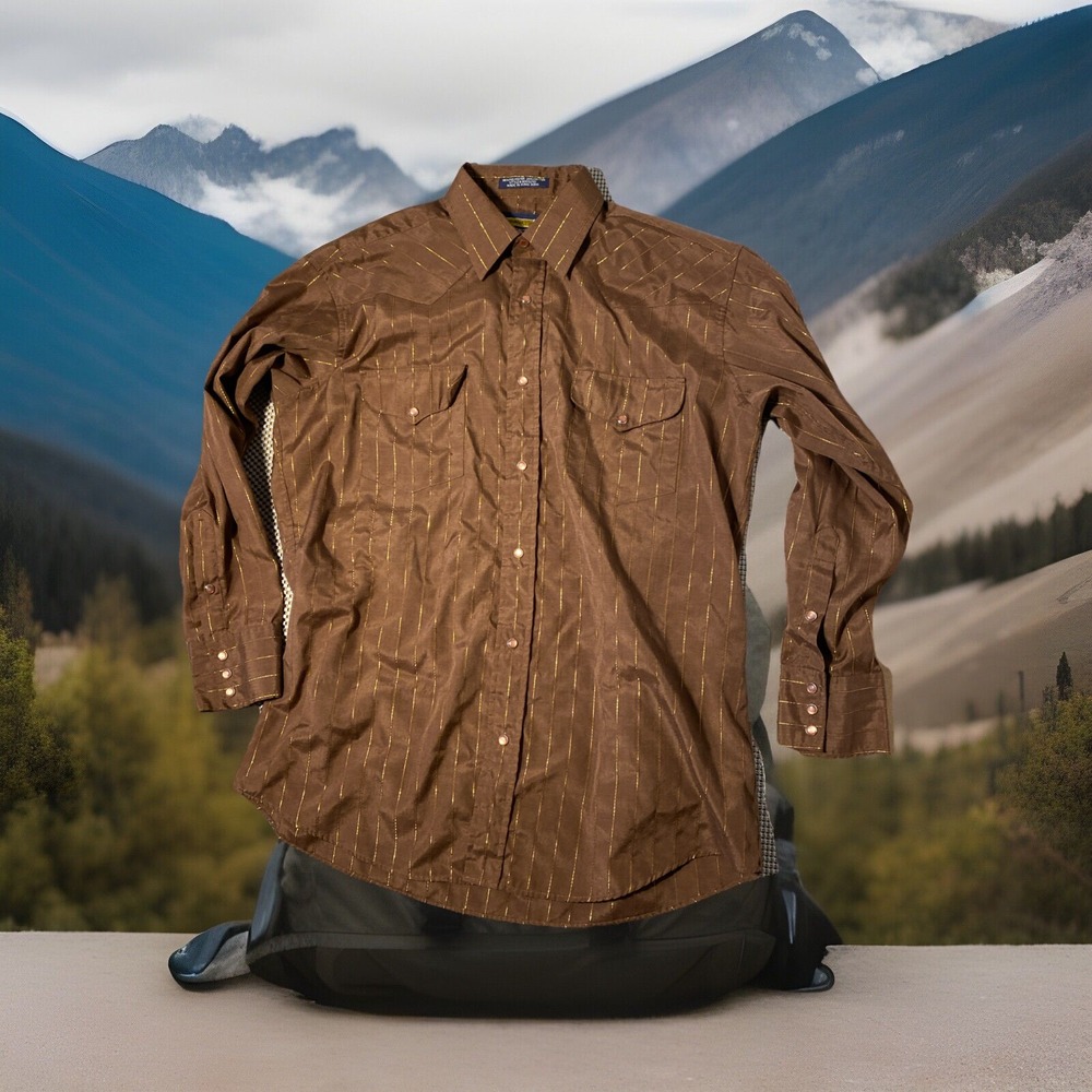 Panhandle Slim Western Shirt Mens Medium 16.5-33 Button Down Snap Buttons Brown